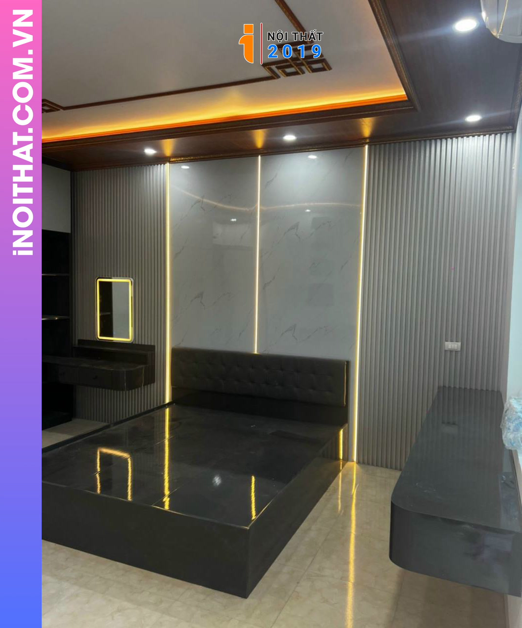 Combo phòng ngủ nội thất nhựa kết hợp vách tường trần trang trí tại Văn Cao