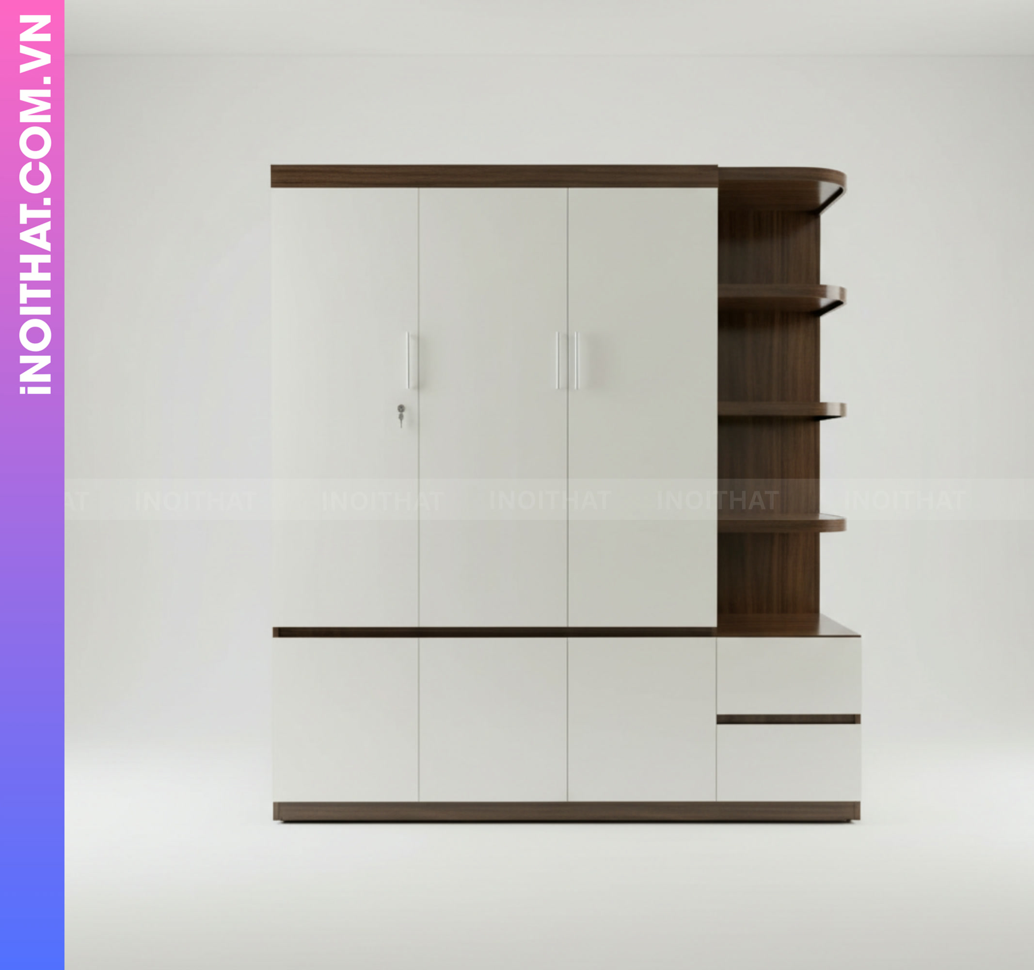 Tủ Quần Áo Nhựa Đóng Sẵn 3 Cánh 1 Đợt Khung Gỗ Nâu Cánh Trắng
