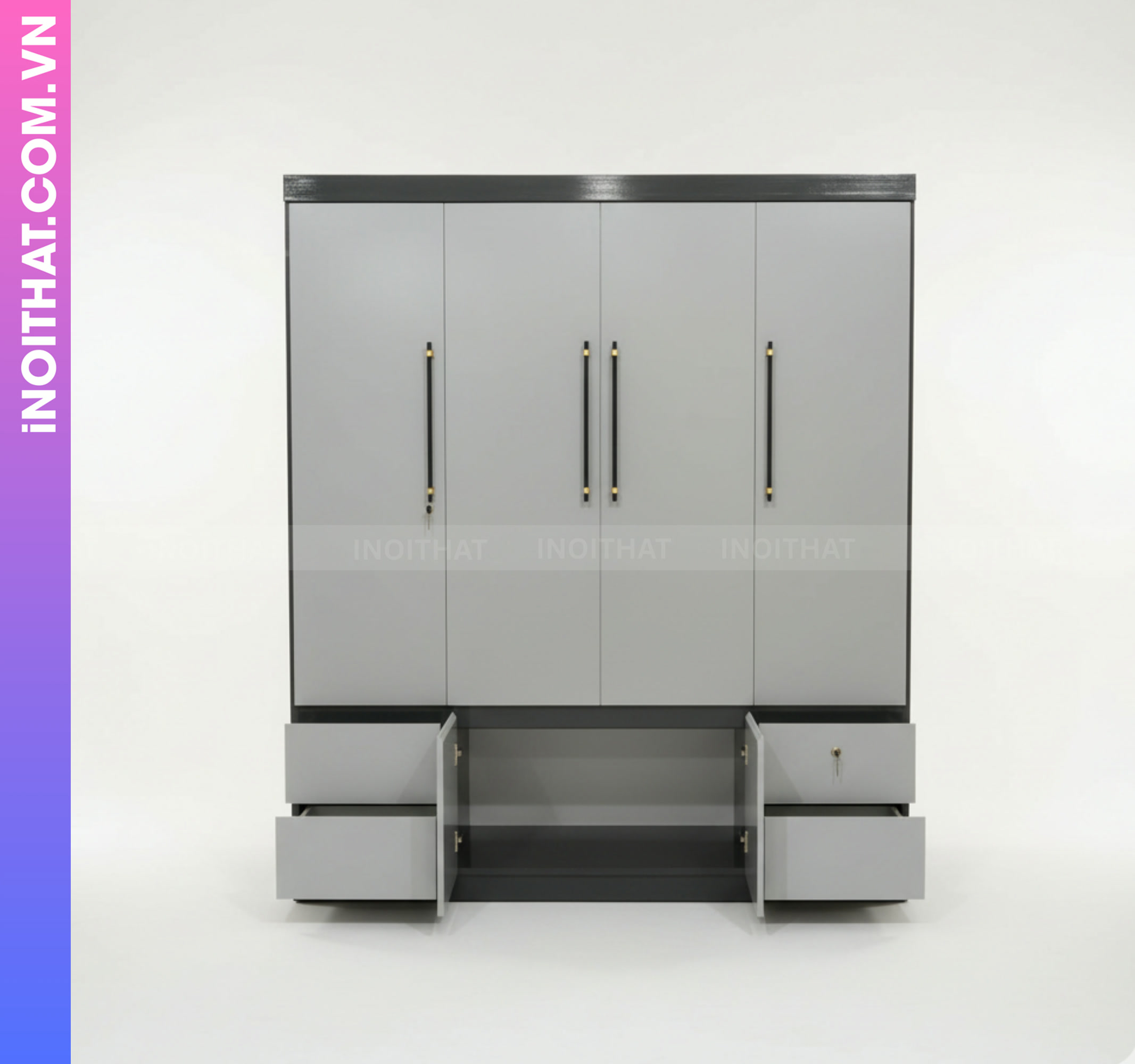 Tủ Quần Áo Đóng Sẵn 4 Cánh Cánh Ghi Khung Đen Hình ảnh Tủ Quần Áo Đóng Sẵn 4 Cánh Cánh Ghi Khung Đen - Sản phẩm nội thất Inoithat