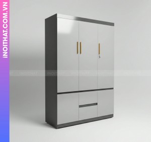 Tủ Nhựa 3 Cánh Để Quần Áo Tay nắm Vàng Đóng Sẵn Màu Xám Khung Đen