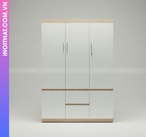 Tủ Nhựa Quần Áo 3 Cánh Màu Trắng Khung Gỗ Vân Vàng Lì Màu