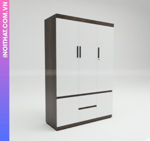 Tủ Quần Áo Nhựa Đóng Sẵn 3 Cánh Khung Giả Gỗ Óc Chó Cánh Trắng Kèm Ngăn Kéo