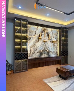 Tủ tivi chữ H kết hợp tấm vân đá 3D cho phòng khách chung cư Trần Cung